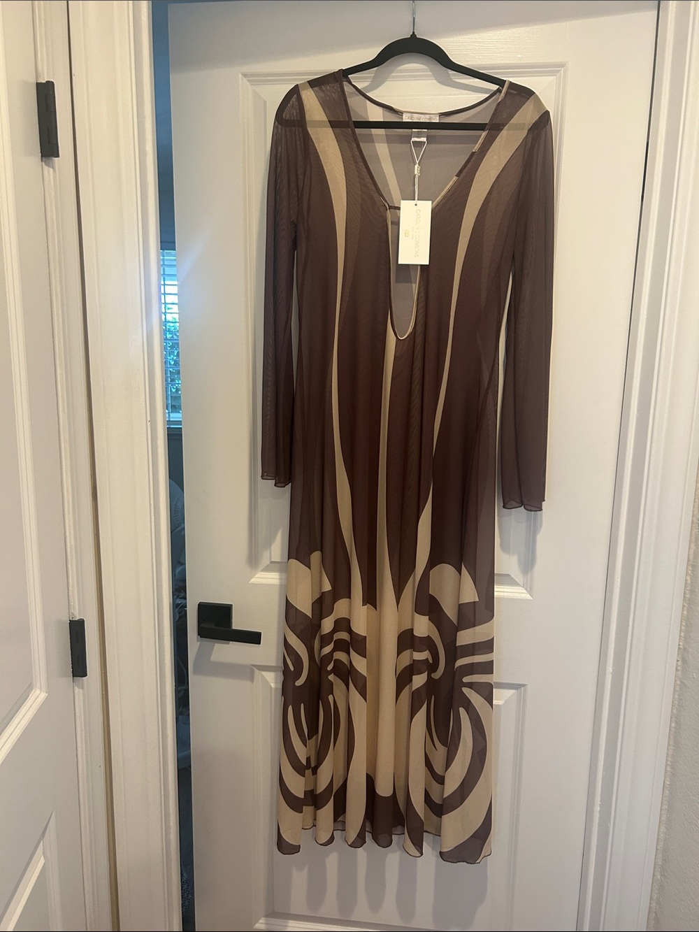 Caroline Constas Brown & Cream Long Sleeve V-neck Swim Coverup Maxi
